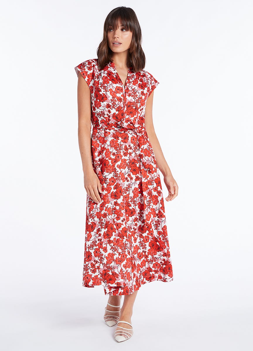 David Lawrence | Women's Red Print Linen Midi Dress