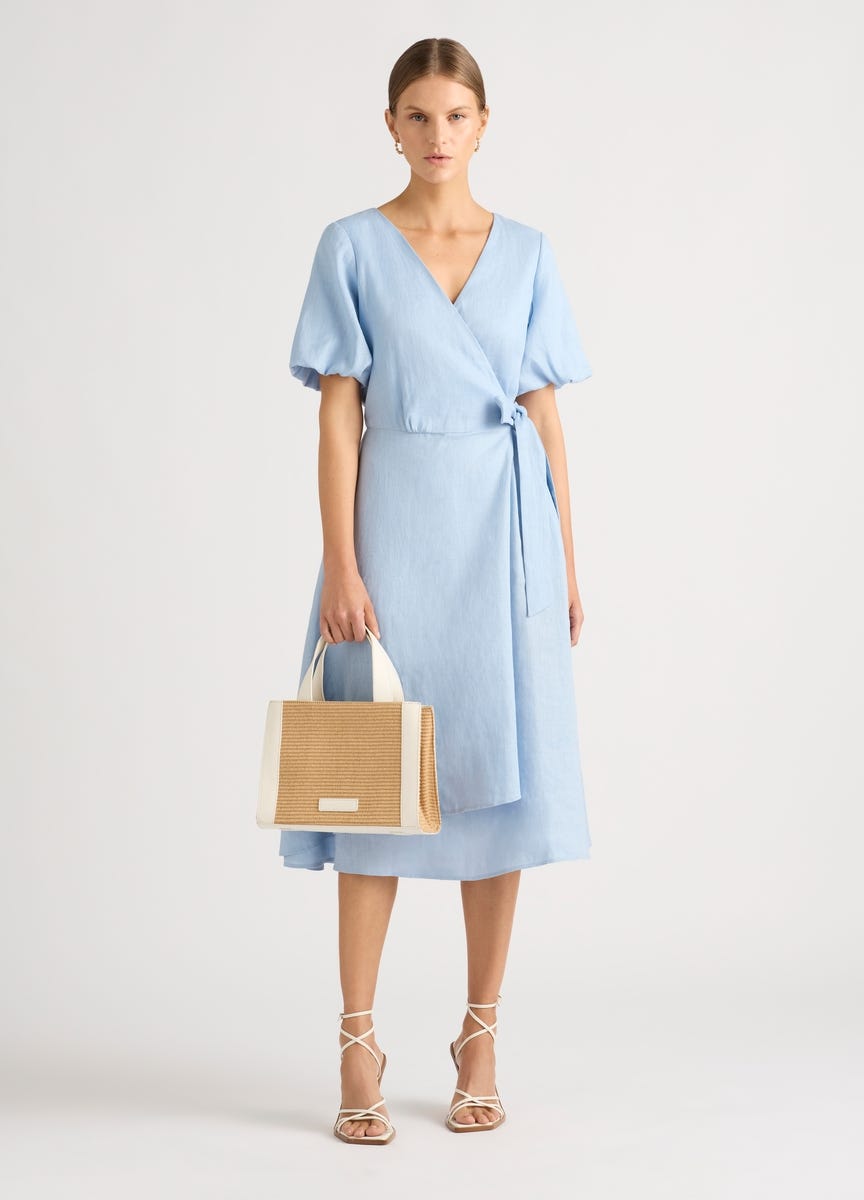 Blue linen wrap dress shop